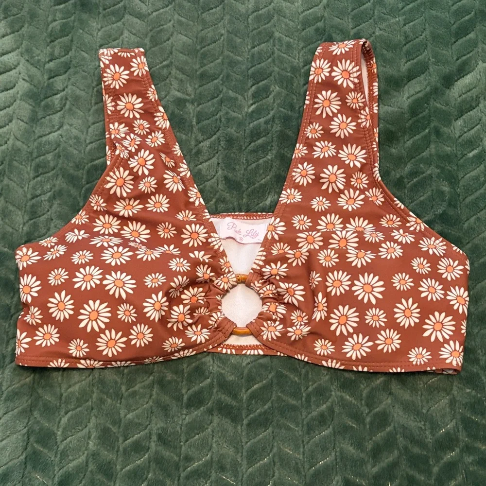 Pink Lily Bikini Top Daisy Print Pull On Style Brown White Yellow M